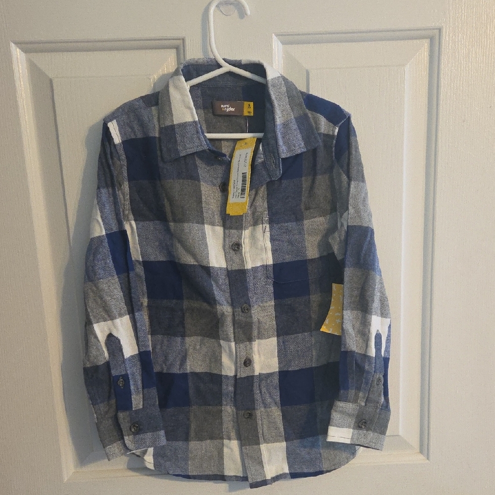 NWT Rumi + RYDER Blue and Gray Plaid Button-Up FLANBEL Shirt SZ 6/7